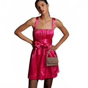 Anthropologie Maeve Hot Pink Satin Bow Tie Puff Party Cocktail Mini Dress Size 6